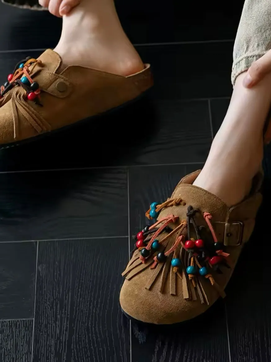 Beige and colorful tassels suede slides round toe flats shoes