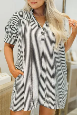 Black Stripe Short Sleeve Buttoned V Neck Pocketed Plus Size Mini Dress