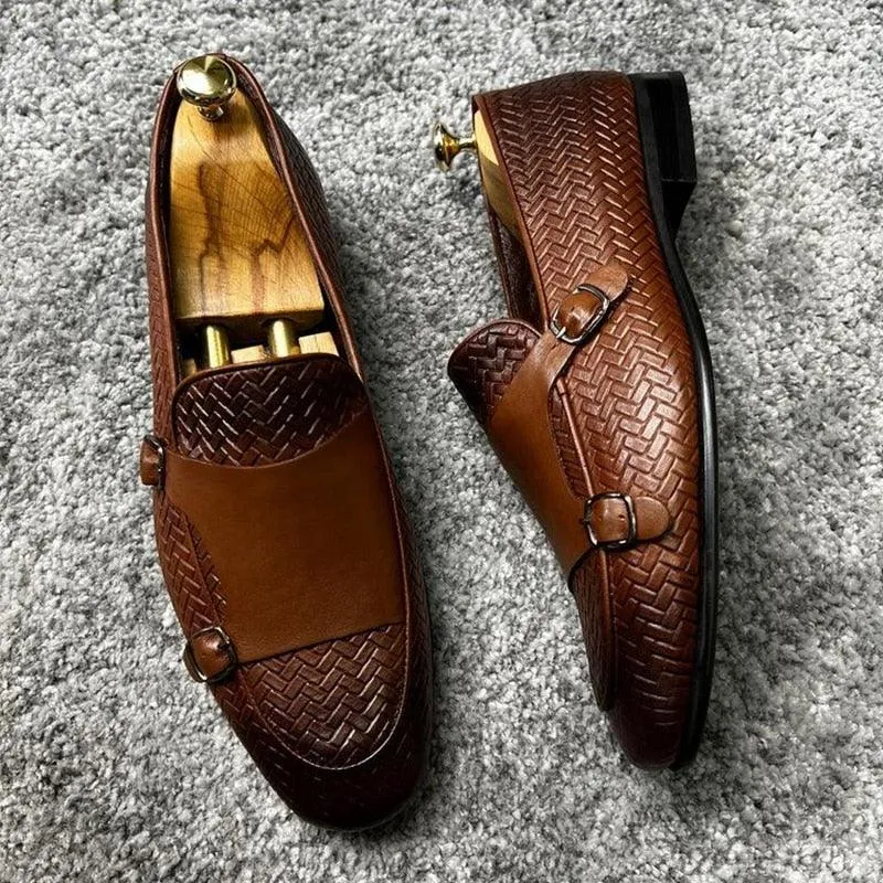 Brown Woven Monk Strap Loafers - Men Shoes