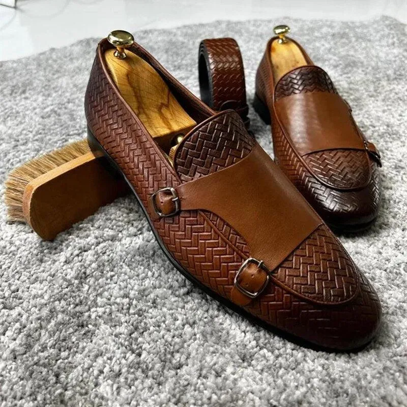 Brown Woven Monk Strap Loafers - Men Shoes