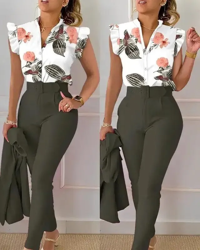 Chic Floral V-neck Shirt & Trousers Set