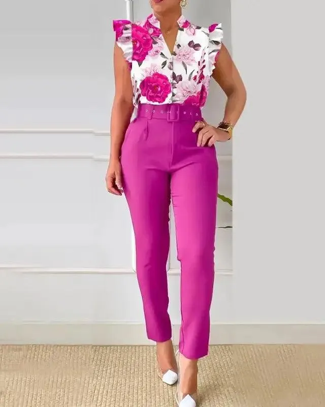 Chic Floral V-neck Shirt & Trousers Set