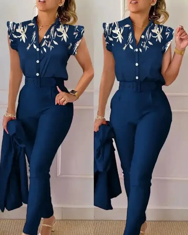 Chic Floral V-neck Shirt & Trousers Set