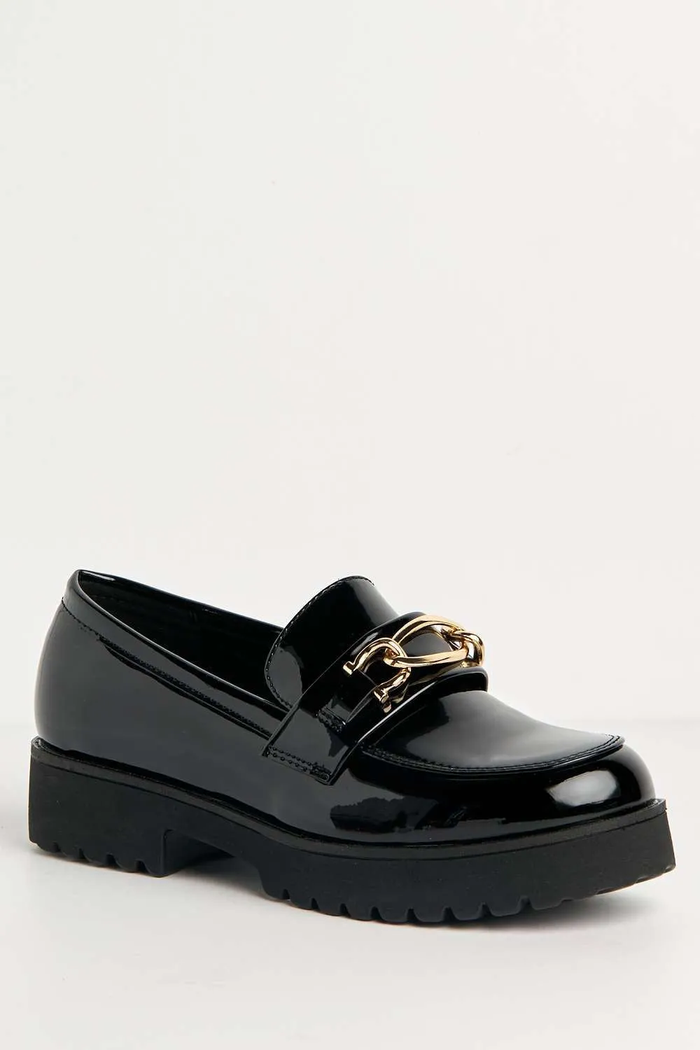 Cronnie Metal Link Detail Loafers in Black Patent