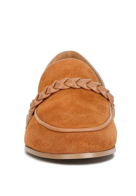 Genuine Suede Leather Braided Detail Loafers