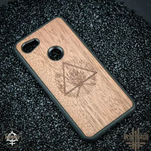 Google Pixel 3A XL case with wood finishing and Behemoth 'The Unholy Trinity' logo