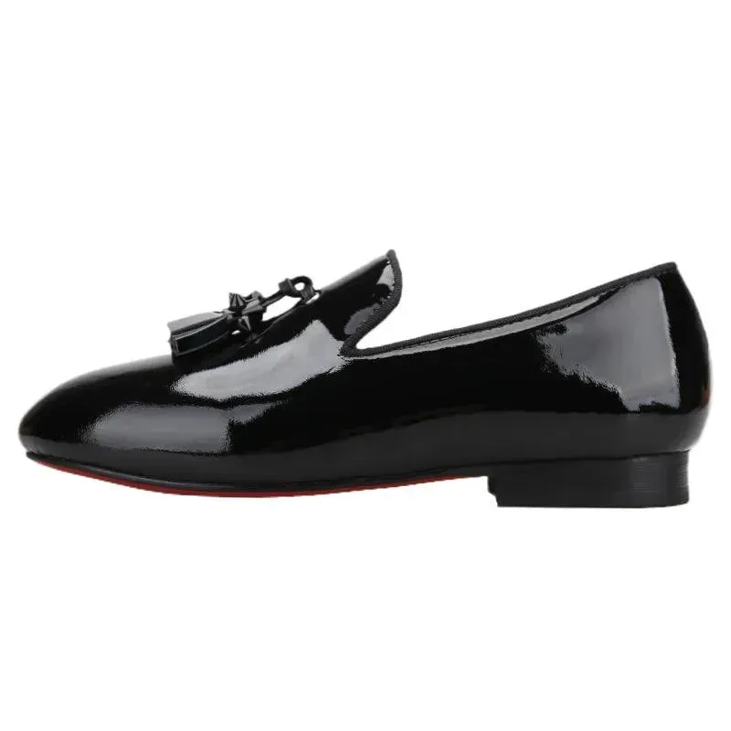 Kids Loafers Gleam & Glide: Black Patent Leather Kid Loafers with Tassel Charm