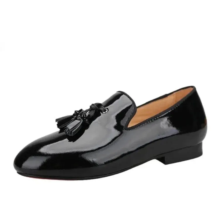 Kids Loafers Gleam & Glide: Black Patent Leather Kid Loafers with Tassel Charm