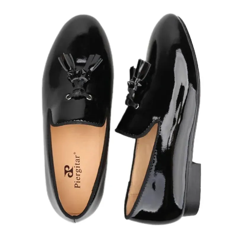 Kids Loafers Gleam & Glide: Black Patent Leather Kid Loafers with Tassel Charm