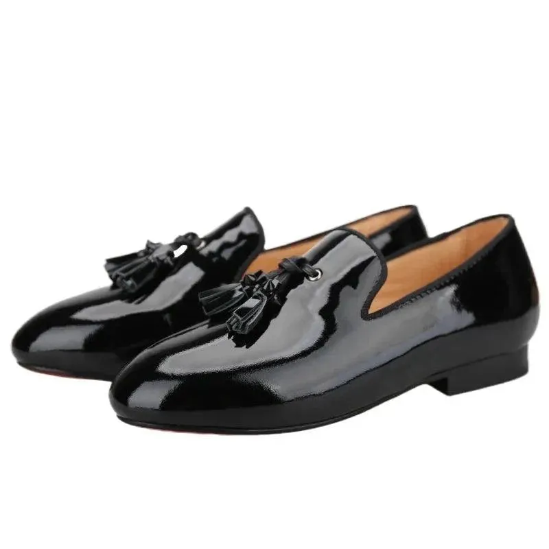 Kids Loafers Gleam & Glide: Black Patent Leather Kid Loafers with Tassel Charm