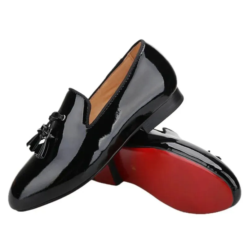 Kids Loafers Gleam & Glide: Black Patent Leather Kid Loafers with Tassel Charm