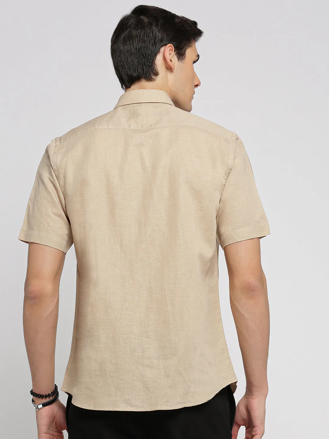 Men Beige Spread Collar Solid Shirt