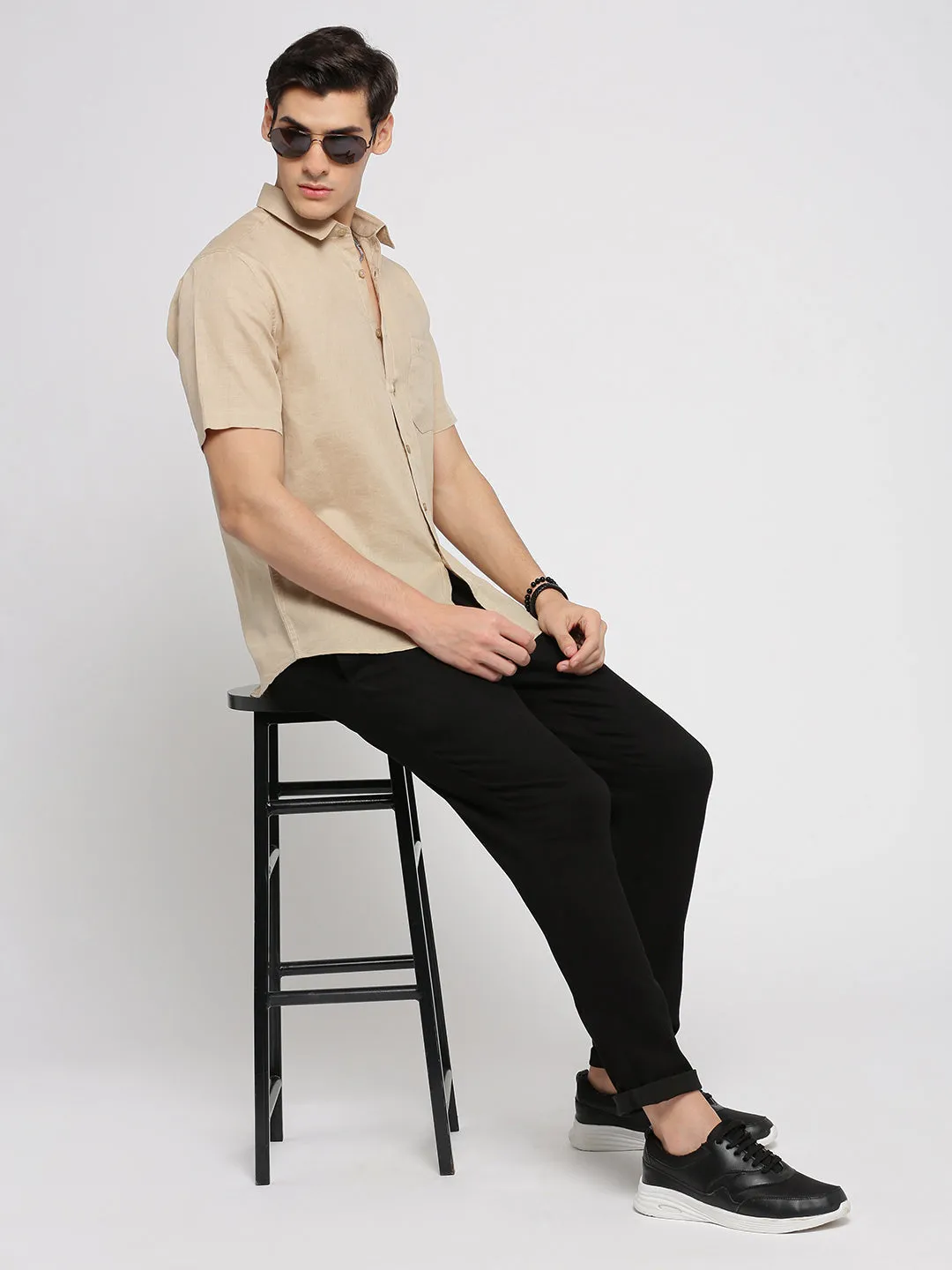 Men Beige Spread Collar Solid Shirt