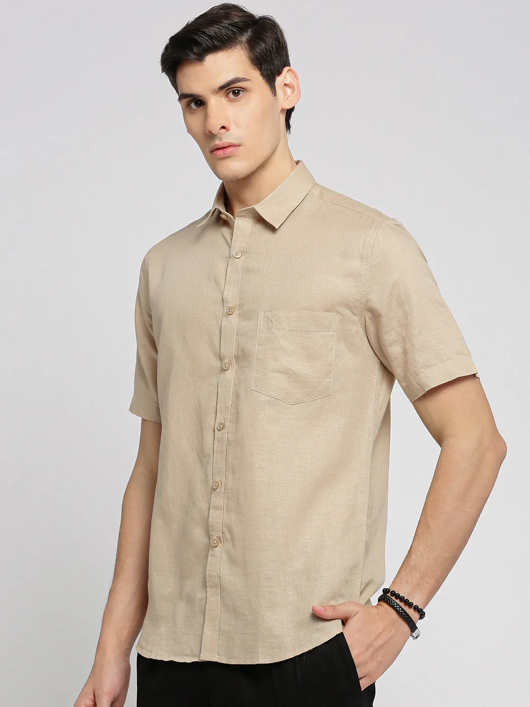 Men Beige Spread Collar Solid Shirt