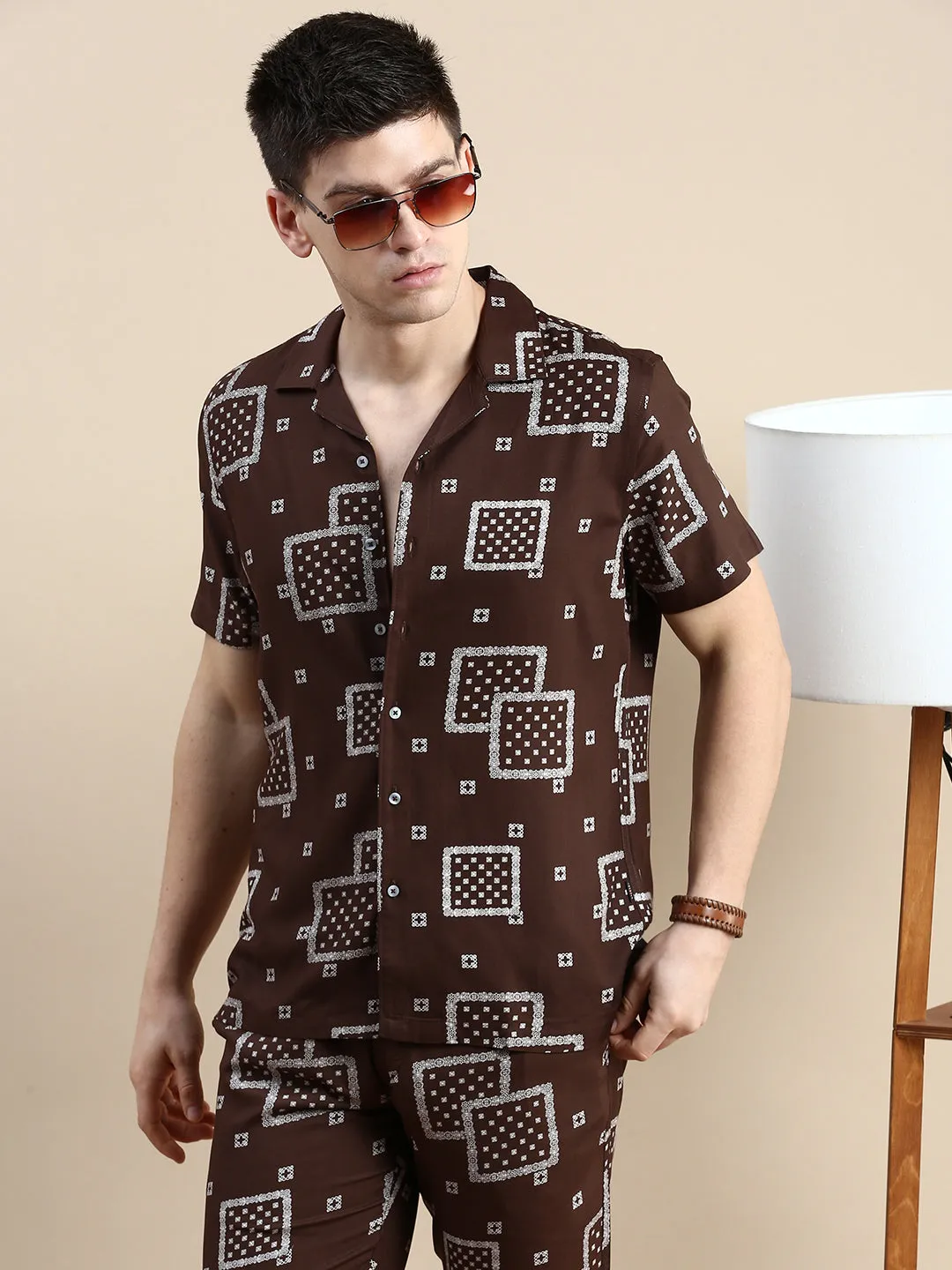 Men Brown Printed Casual Co ord Set