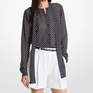 Polka Dot Georgette Tie-Neck Blouse