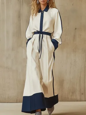 Smart Casual Shirt-style Navy Blue Trim White Jumpsuit