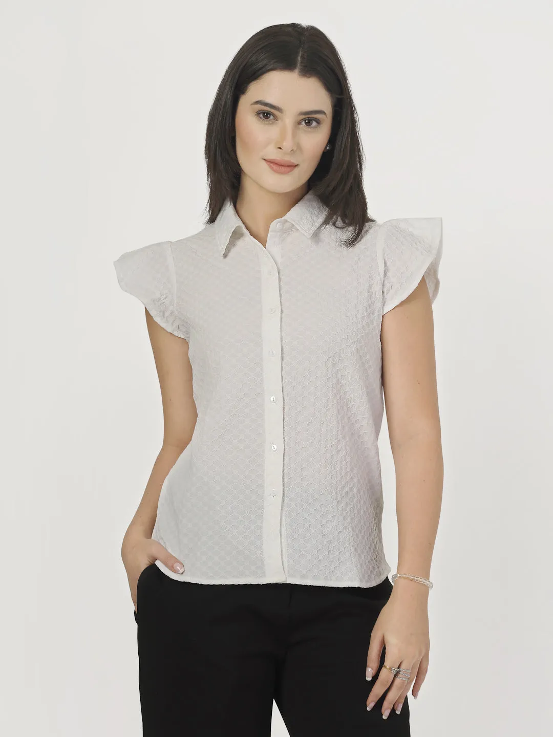 Style Quotient Women White Solid Texture Polyester Cap Sleeve Formal Shirt