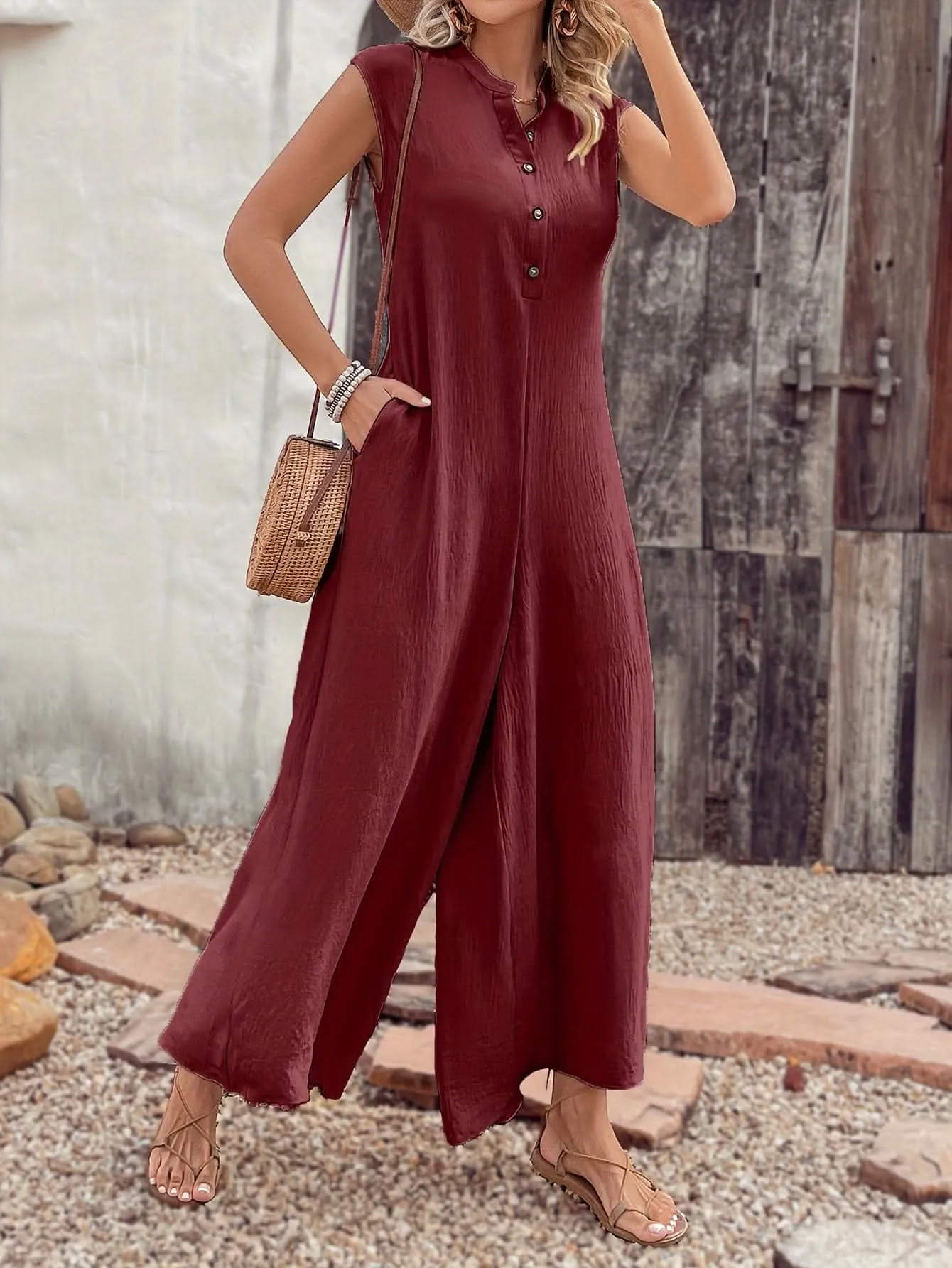 Versatile SpringSummer Womens ButtonUp Jumpsuit with Pockets- By Lustmia