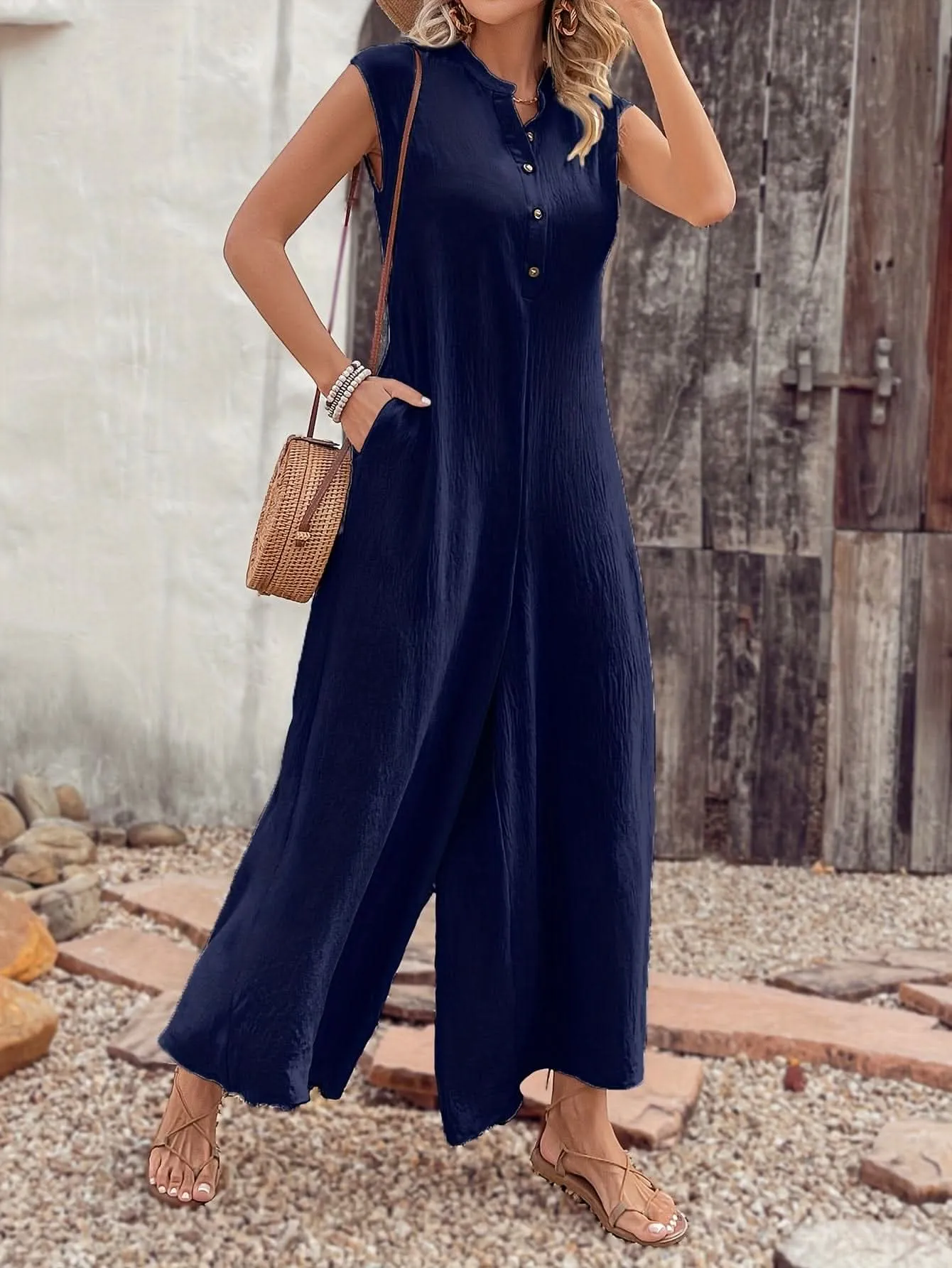 Versatile SpringSummer Womens ButtonUp Jumpsuit with Pockets- By Lustmia