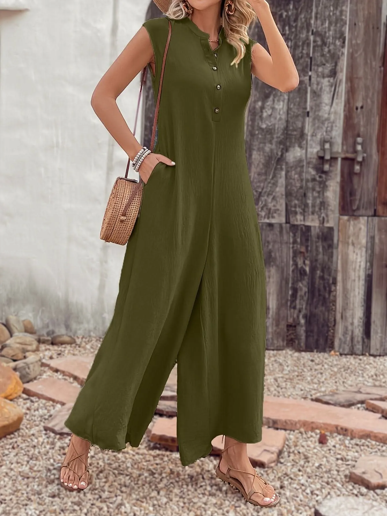 Versatile SpringSummer Womens ButtonUp Jumpsuit with Pockets- By Lustmia