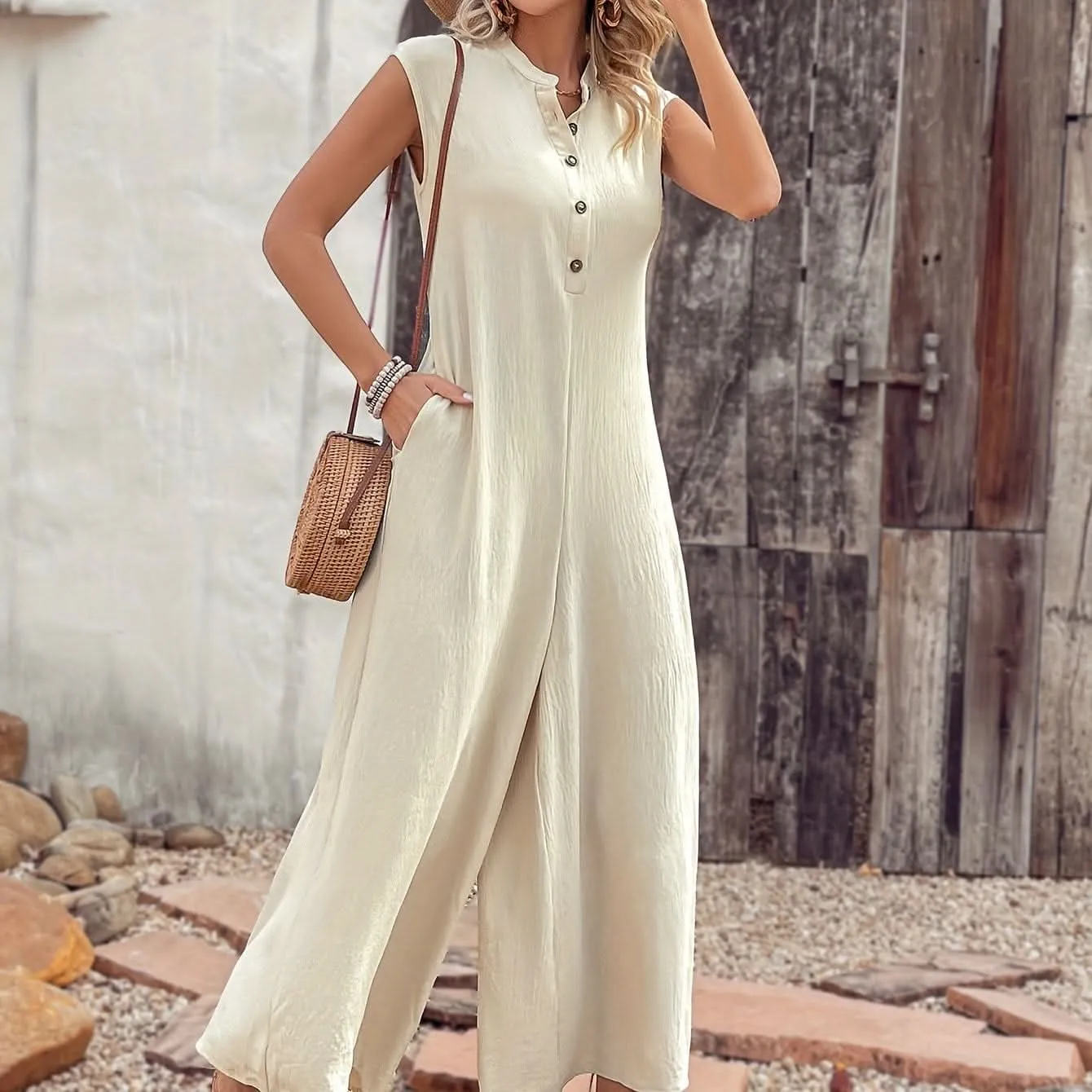 Versatile SpringSummer Womens ButtonUp Jumpsuit with Pockets- By Lustmia